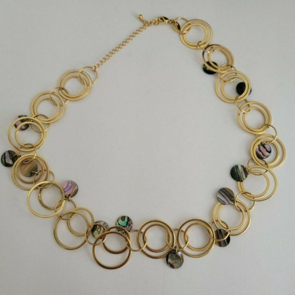 Lia Sophia goldtone circle rings and abalone shell vintage necklace